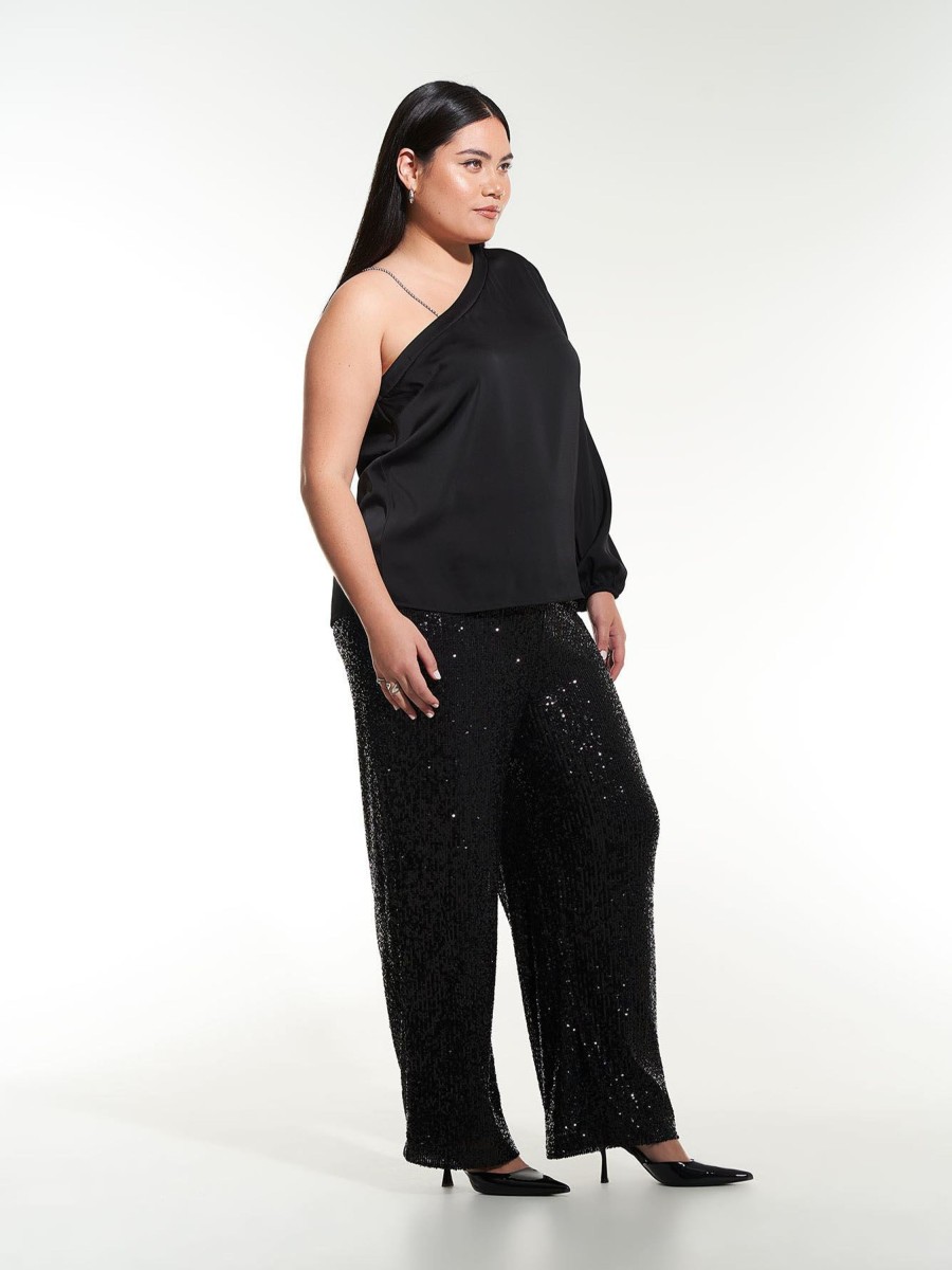 Clothing Penningtons | Black Off-Shoulder Satin Blouse With Rhinestones Strap - Addition Elle