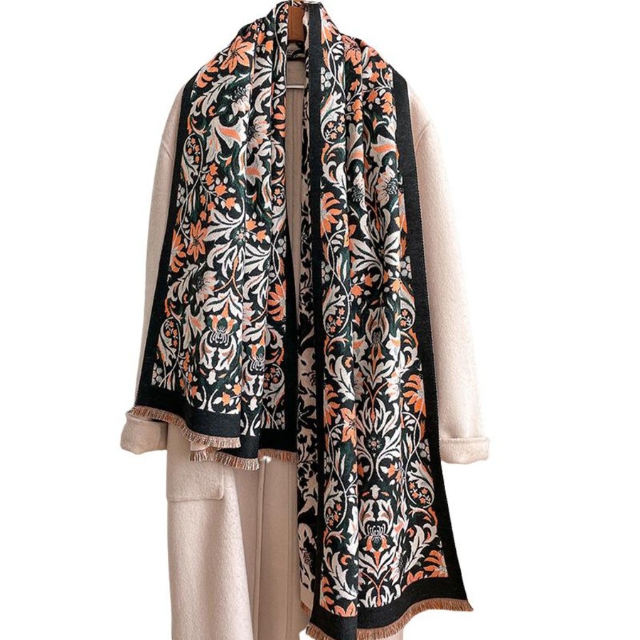 Accessories Penningtons | Black, White & Orange Floral Paisley Fringe-Trimmed Scarf - Don'T Ask - Penningtons