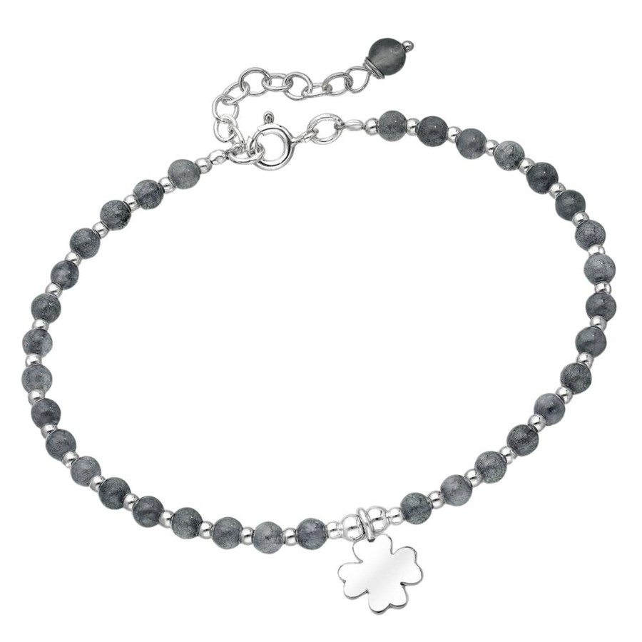 Accessories Penningtons | Sterling Silver Black Agate Beaded Bracelet With Clover Charm By Ag Sterling - Penningtons