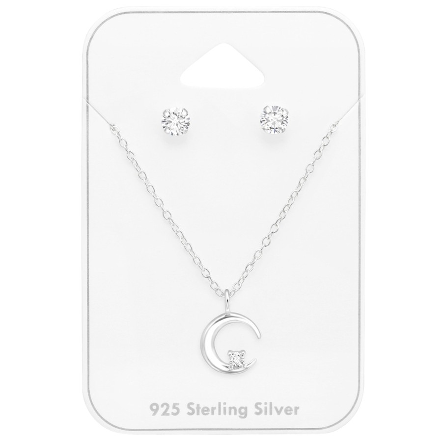 Accessories Penningtons | Sterling Silver Clear Cz Stud With Dainty Crescent Moon Pendant Necklace - Ag Sterling - Penningtons