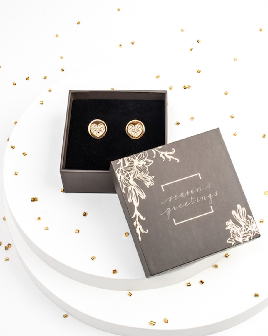 Accessories Penningtons | Holiday Gift Box With Goldtone Circular Crystal Heart Pave Stud Earrings - Callura - Penningtons