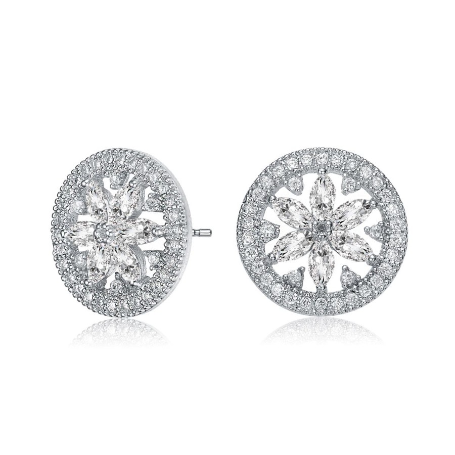 Accessories Penningtons | Genevive Sterling Silver With White Gold Plated Clear Marquise With Round Cubic Zirconia Halo Wreath Earrings - Penningtons