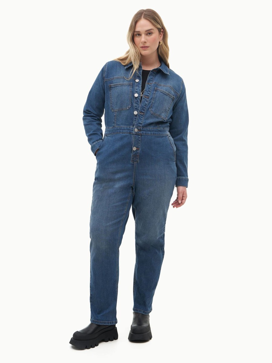 Addition Elle Penningtons Bottoms | Responsible, Denim Jumpsuit, Medium Wash - Addition Elle