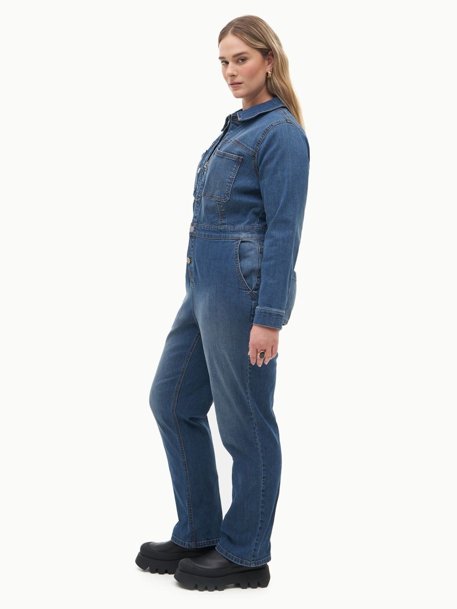 Addition Elle Penningtons Bottoms | Responsible, Denim Jumpsuit, Medium Wash - Addition Elle