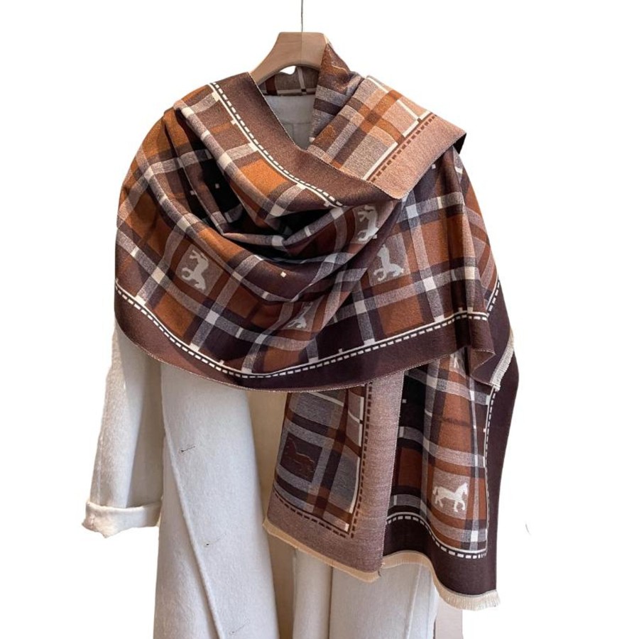 Accessories Penningtons | Brown & Burnt Orange Plaid Horse Scarf - Don'T Ask - Penningtons