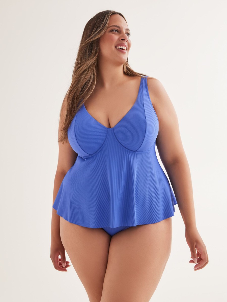 Clothing Penningtons | Blue Ribbed Plunge Tankini Top