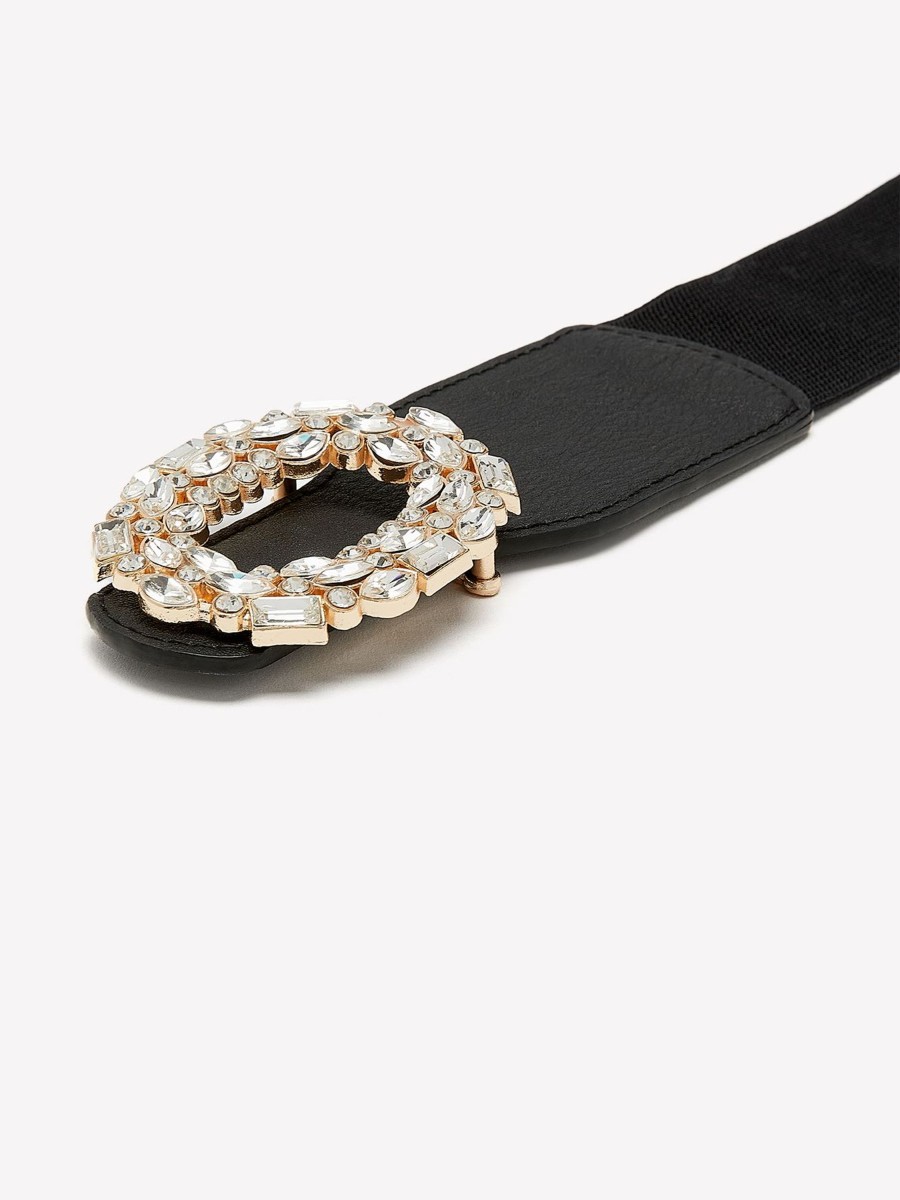 Accessories Penningtons | Black Elastic Belt With Rhinestone Oval Buckle