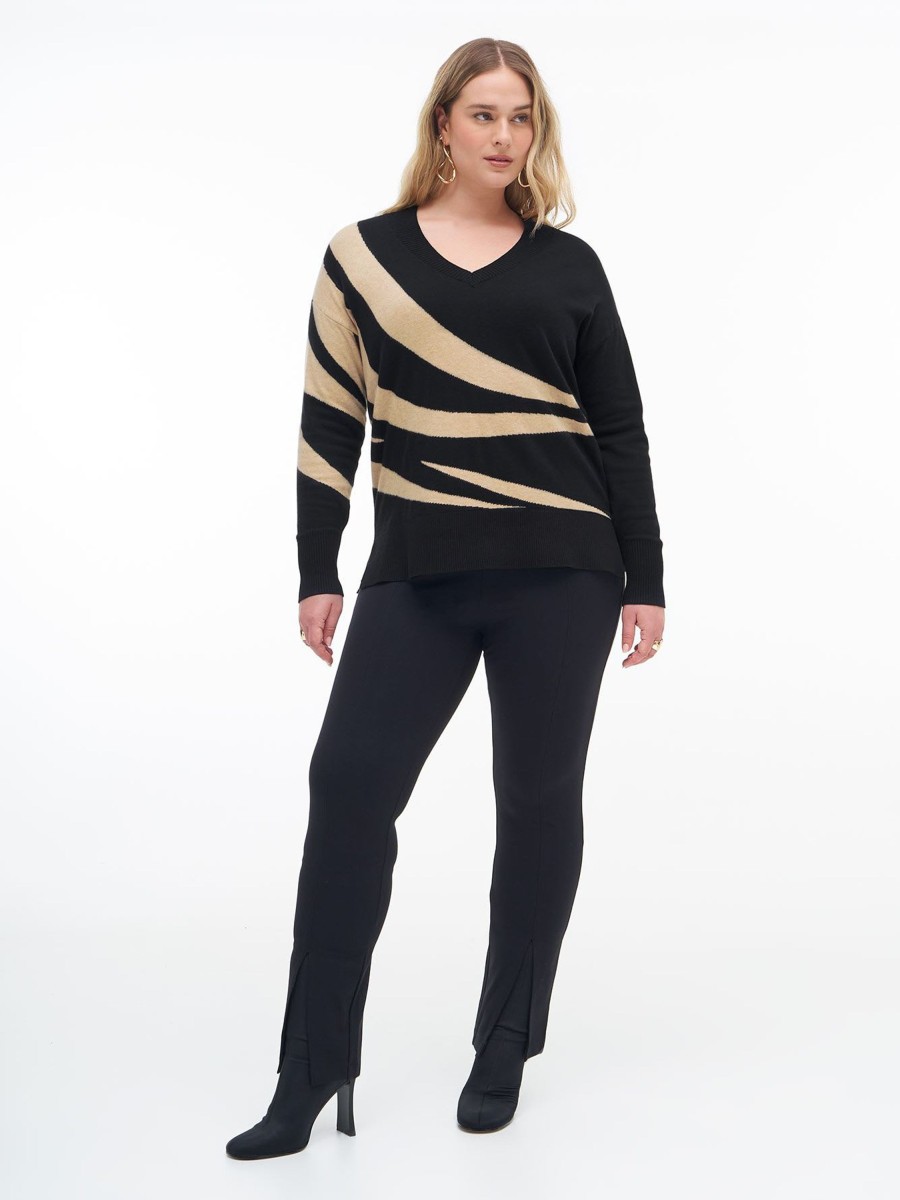 Clothing Penningtons | Black V-Neck Boxy Jacquard Sweater - Addition Elle