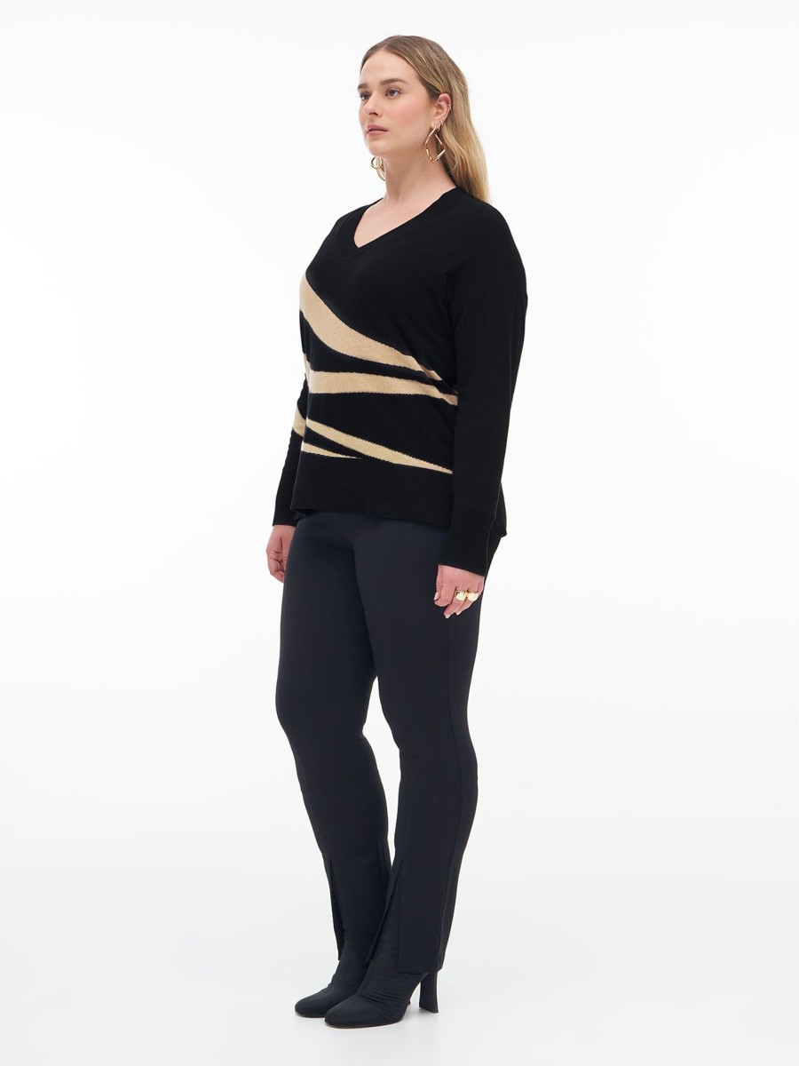 Clothing Penningtons | Black V-Neck Boxy Jacquard Sweater - Addition Elle