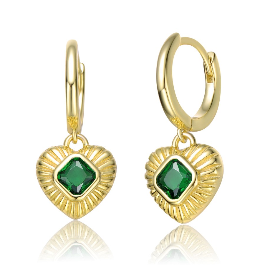 Accessories Penningtons | Gv Sterling Silver 14K Yellow Gold Plated With Emerald Cubic Zirconia Dangle Heart Huggie Hoop Earrings - Penningtons