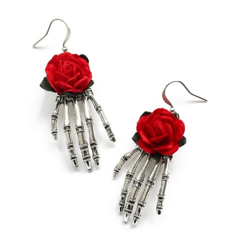 Accessories Penningtons | Silvertone Skeleton Hands & Red Rose Drop Earrings- Don'T Ask - Penningtons