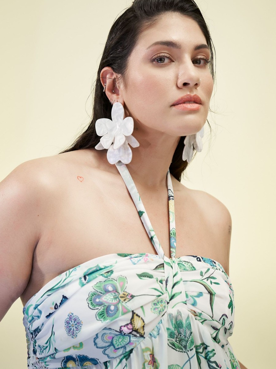 Addition Elle Penningtons Tops | Responsible, Floral Sleeveless Bustier Blouse With Neck Tie - Addition Elle