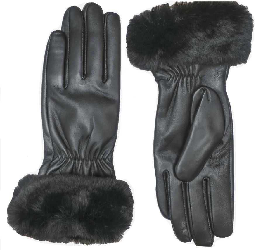 Accessories Penningtons | Cr Ladies - Leather Glove With Faux Fur Cuff - Penningtons