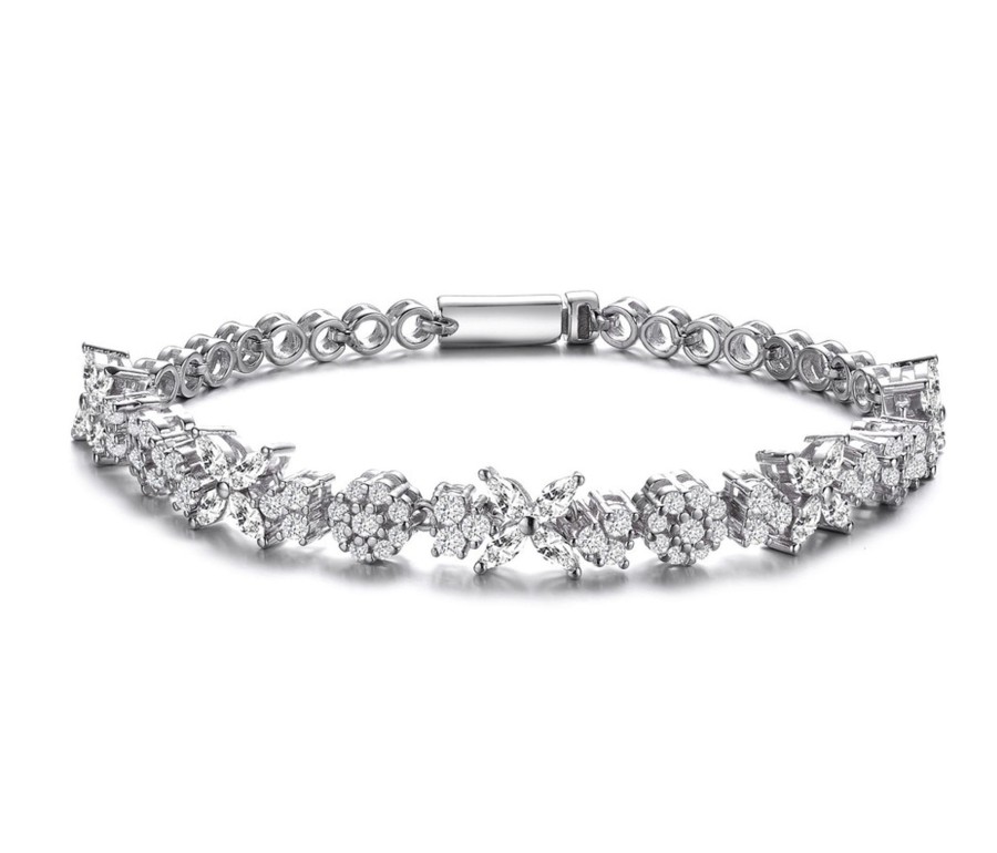 Accessories Penningtons | Sterling Silver White Gold Plating With Clear Round And Marquise Cubic Zirconia Cluster Flower-Inspired Tennis Bracelet - Penningtons