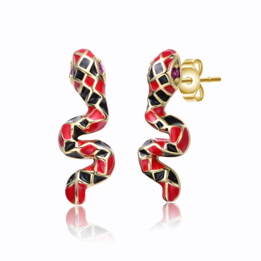 Accessories Penningtons | Rg 14K Yellow Gold Plated With Ruby Cubic Zirconia Black & Red Enamel 3D Slithering Curling Snake Earrings - Penningtons