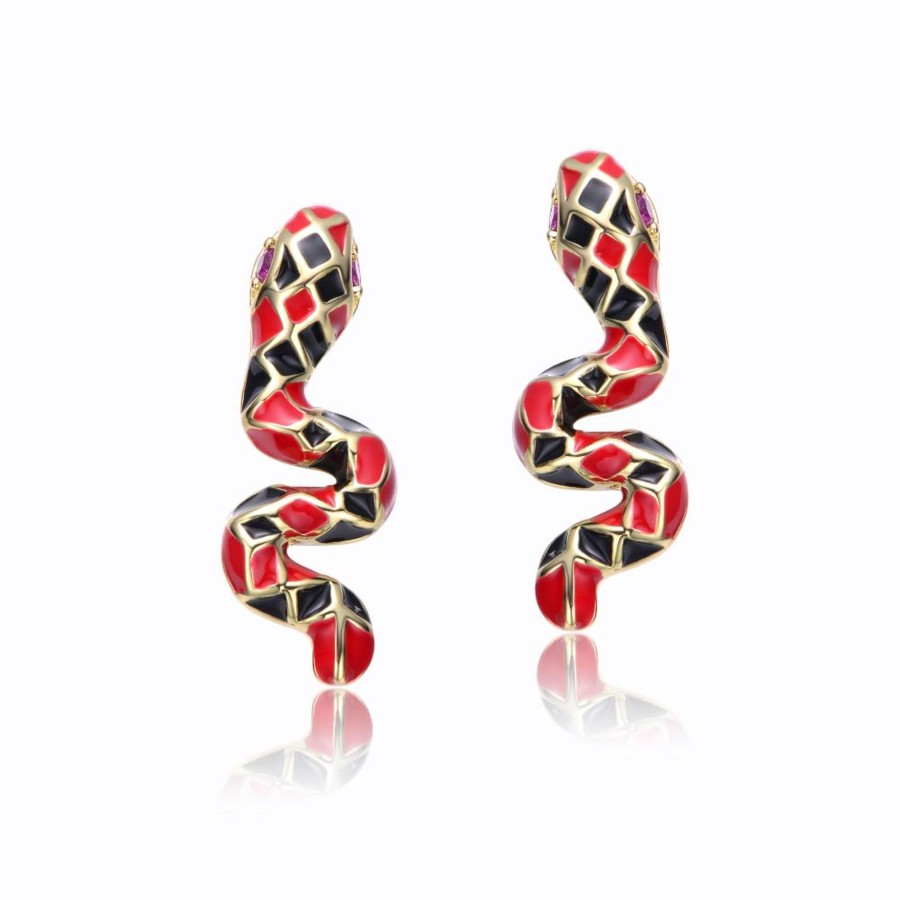 Accessories Penningtons | Rg 14K Yellow Gold Plated With Ruby Cubic Zirconia Black & Red Enamel 3D Slithering Curling Snake Earrings - Penningtons