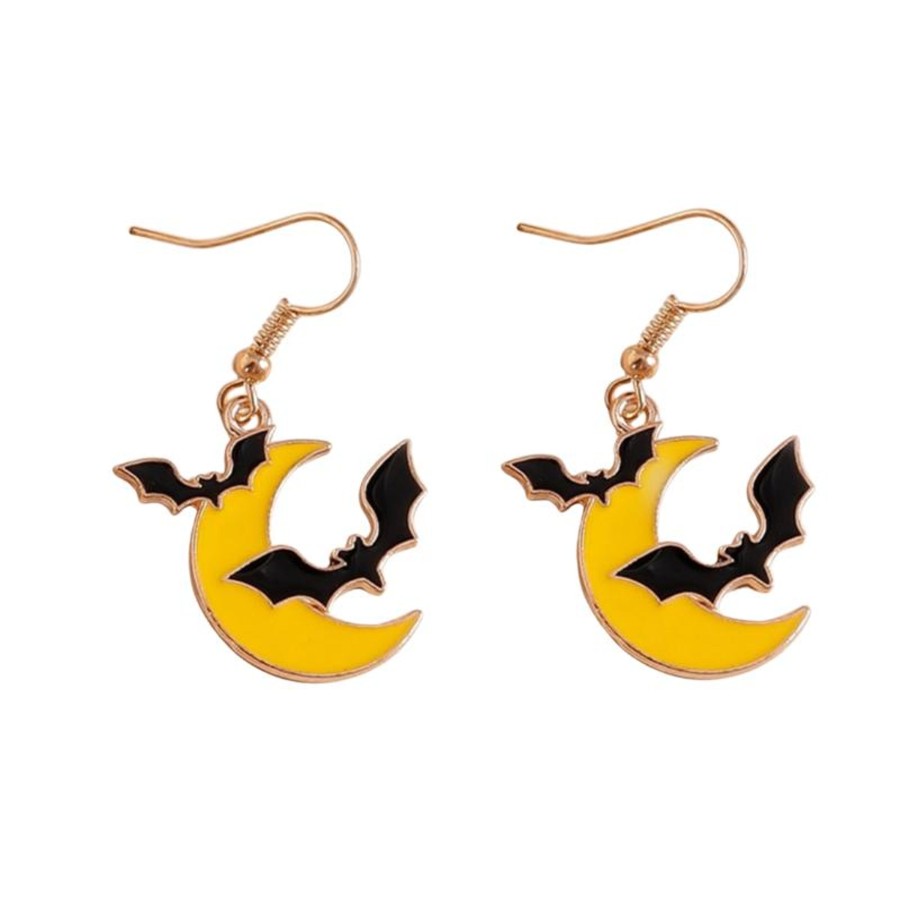 Accessories Penningtons | Goldtone Yellow Moon & Black Flying Bats Drop Earrings- Don'T Ask - Penningtons