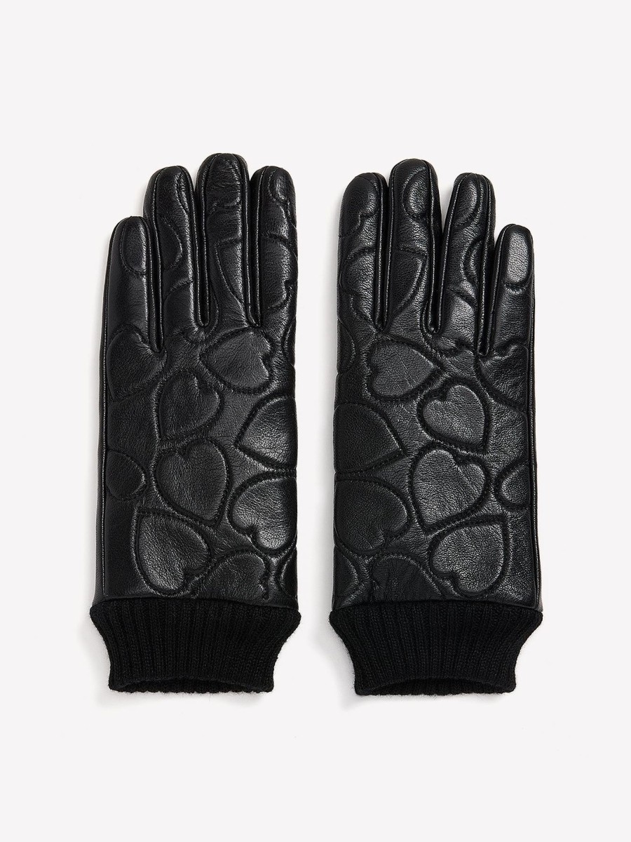 Accessories Penningtons | Black Heart-Textured Leather Gloves With Knit Cuffs