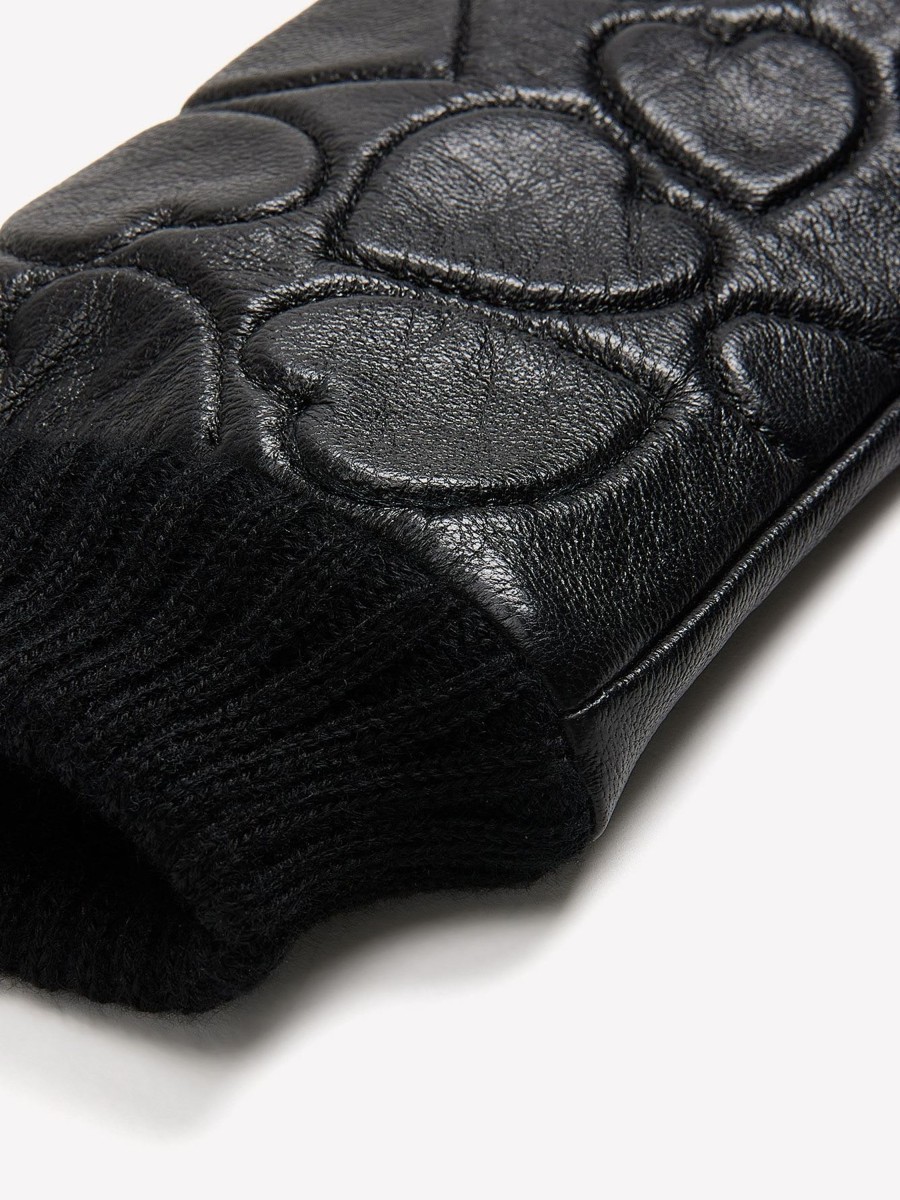 Accessories Penningtons | Black Heart-Textured Leather Gloves With Knit Cuffs