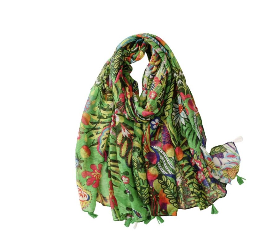 Accessories Penningtons | Green Tropical Scarf With Tassels - Don'T Ask - Penningtons