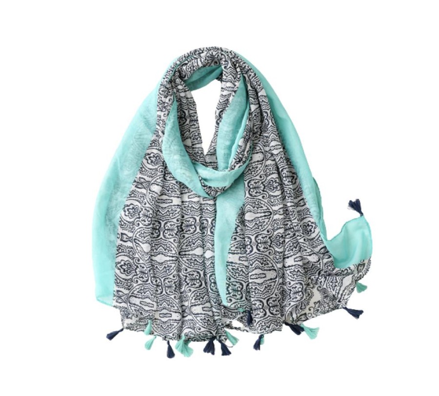 Accessories Penningtons | Turquoise And Blue Paisley Scarf With Tassels - Don'T Ask - Penningtons