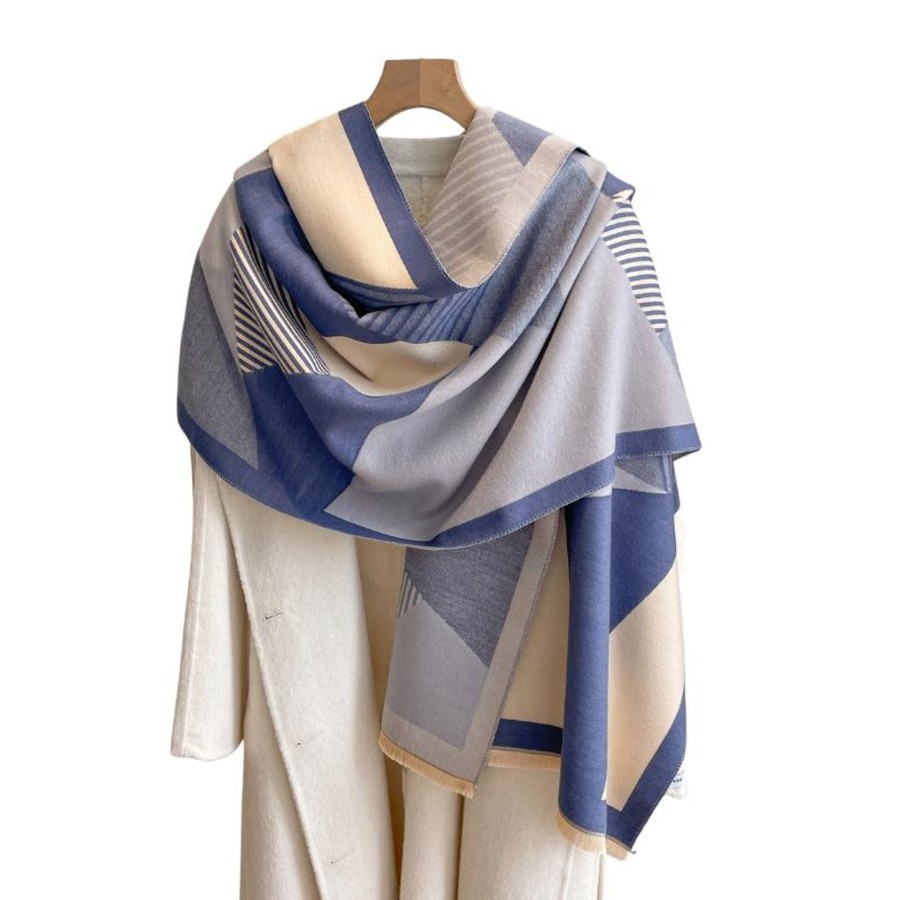 Accessories Penningtons | Blue & Beige Color Blocked Striped Patterned Scarf - Don'T Ask - Penningtons