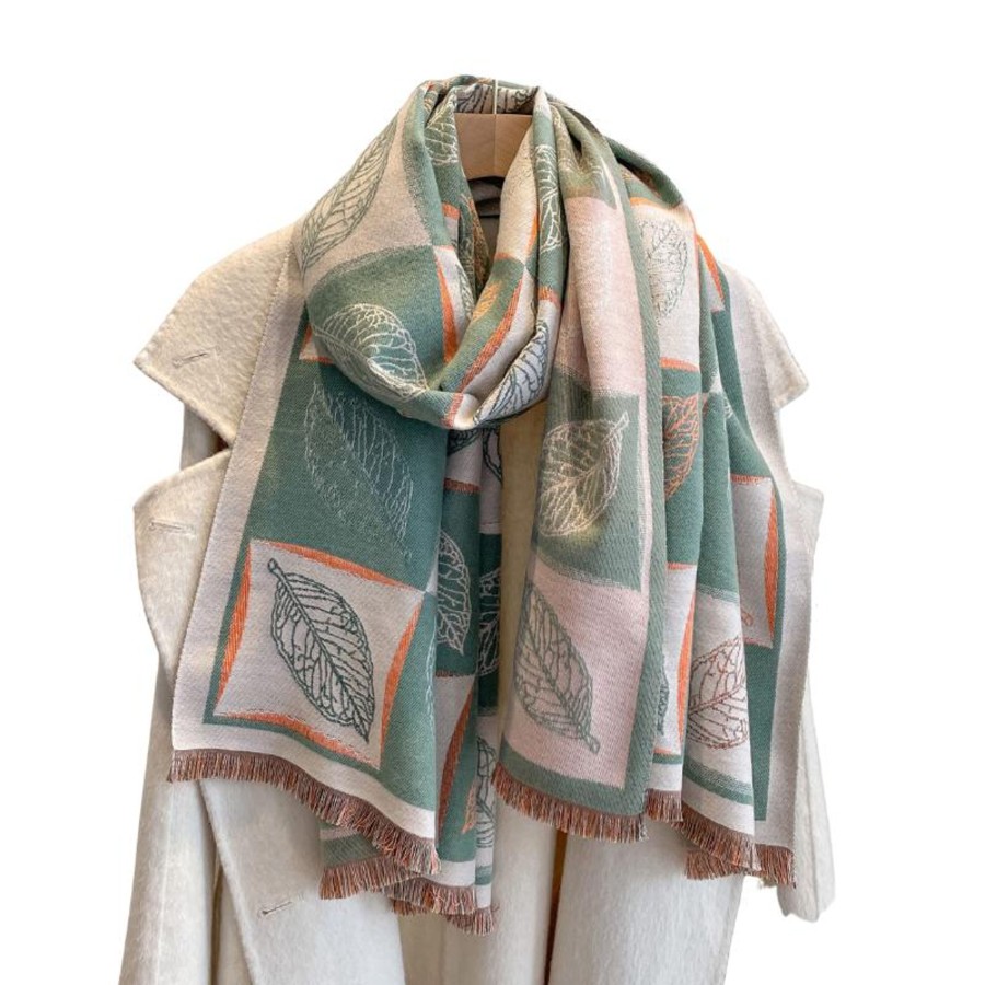 Accessories Penningtons | Green & Orange Leaves Patterned Fringe-Trimmed Scarf- Don'T Ask - Penningtons