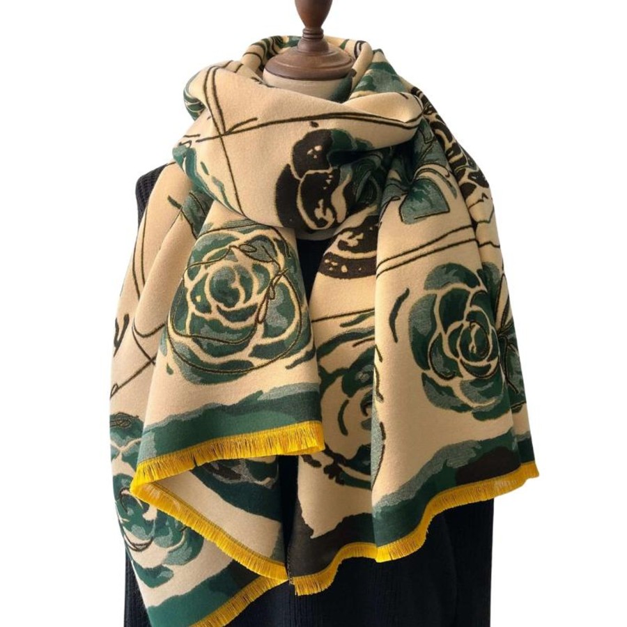 Accessories Penningtons | Warm And Luxurious Winter Scarf With Tonal Roses In Emerald- Don'T Ask - Penningtons